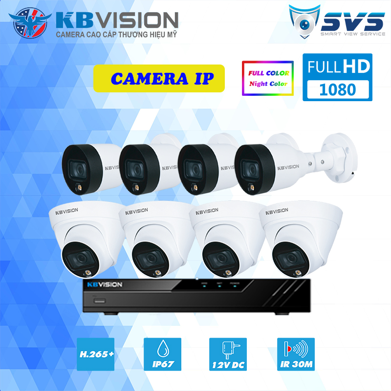 Trọn bộ 8 Camera KBVISION IP 2MP có màu ban đêm