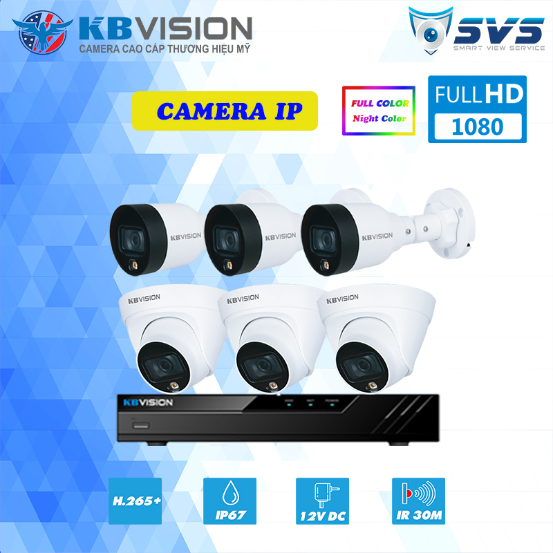 Trọn bộ 6 Camera KBVISION IP 2MP có màu ban đêm