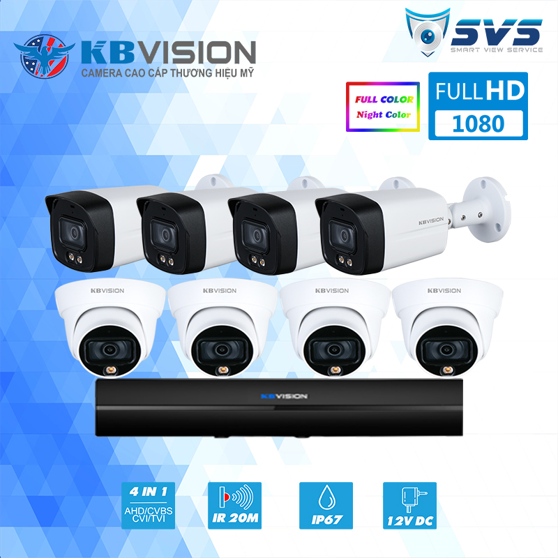 Trọn bộ 8 Camera KBVISION 2MP có màu ban đêm